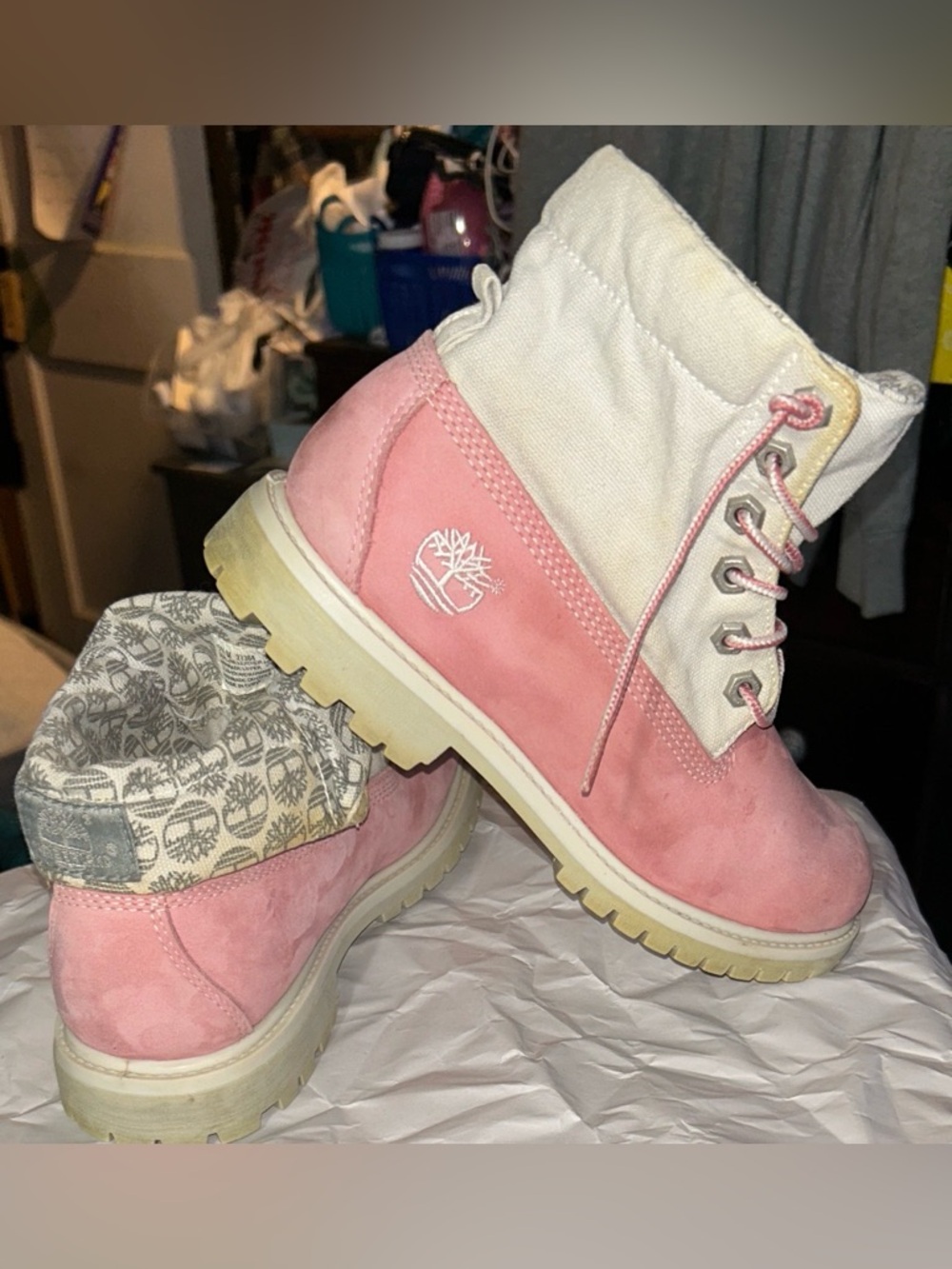 Timberland Pink and Cream Suede Lace-Up Boots